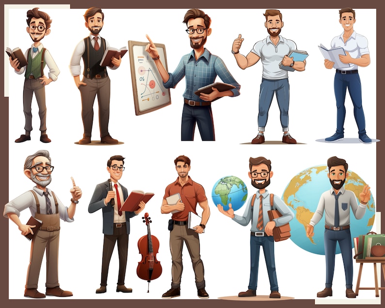 May include: Illustration of ten different men in various poses, wearing different clothing and holding different objects. The men are all smiling and appear to be friendly and approachable. Some of the objects they are holding include books, a globe, a cello, and a briefcase.