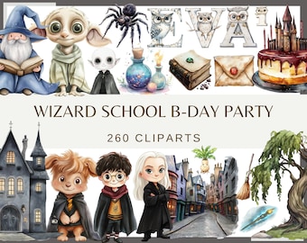 Puede incluir: Un conjunto de 260 imágenes de clipart de acuarela para una fiesta de cumpleaños con temática de escuela de magia. El clipart incluye un castillo, un mago, una bruja, una criatura mágica, un pastel, una escoba, un libro, una botella de poción y más.