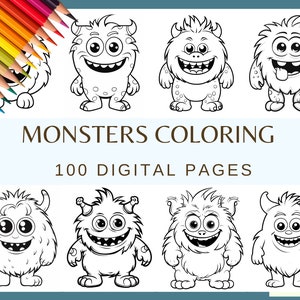 MONSTERS COLORING PAGES - 100 Seiten (Kawaii Monster, süße Monster, Kinder digitales Papier, Malbuch)