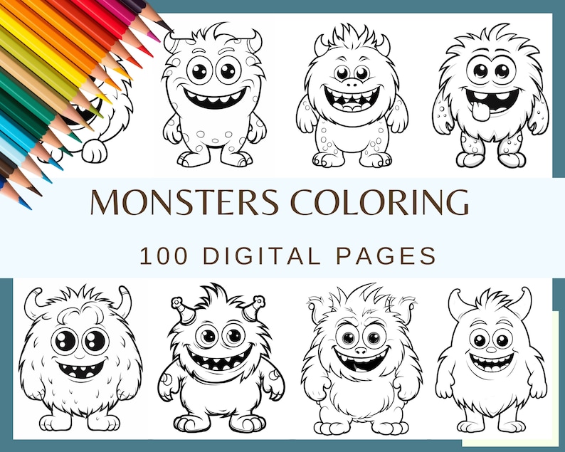 100 Kawaii Monsters Coloring Pages: Kid's Digital Paper (Digital Download) image 1