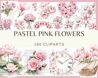 May include: A collection of pastel pink flower cliparts. The image features various watercolor floral arrangements, including roses, magnolias, and hydrangeas. Text reads "Pastel Pink Flowers" and "160 Cliparts".