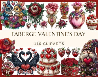May include: A collection of 110 Valentine's Day themed clipart images featuring a Faberge egg design. The clipart includes a variety of images, such as hearts, flowers, birds, and gnomes.