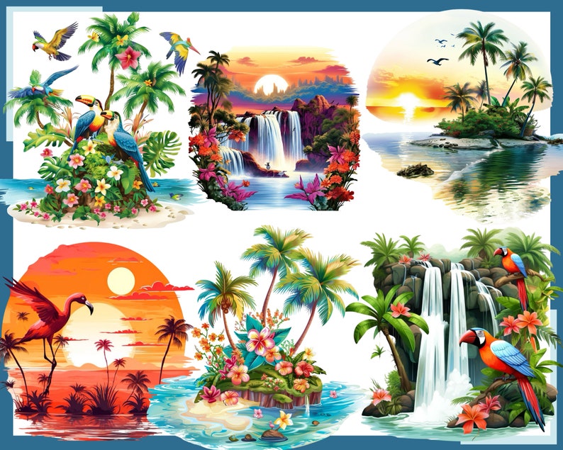 PARADISE ISLANDS 100 clip arts 300 dpi, png, commercial use, bundle, digital, sea life, png, waterfall, parrot, tropic, sunset, sunrise image 4