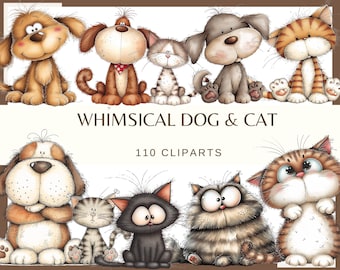 Whimsical Cats & Dogs - 110 PNG, 300 DPI Cliparts Quirky Funny Animals (Commercial Use, Digital)