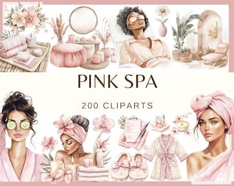 Pink Spa Clipart: Watercolor Self-Care, Beauty Elements (PNG, 300 dpi) Digital Download