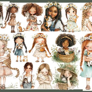May include: Watercolor illustrations of girls with flower crowns holding cats. The cats have various patterns and colors, including orange, tabby, and calico. The girls are wearing dresses and have different hairstyles.