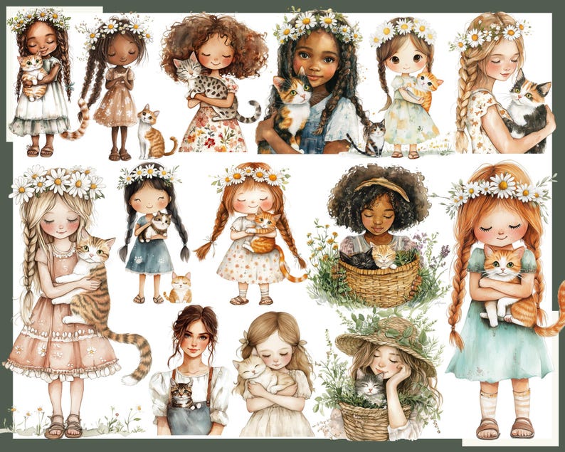 May include: Watercolor illustrations of girls with flower crowns holding cats. The cats have various patterns and colors, including orange, tabby, and calico. The girls are wearing dresses and have different hairstyles.