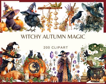 Witchy Autumn Magic: 200 PNG, 300 DPI Halloween Clipart, Mystic Fall Journal Elements, Enchanted Ephemera (Commercial Use, Digital)