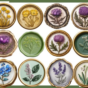 Puede incluir: Una colecci&oacute;n de doce sellos decorativos circulares con dise&ntilde;os bot&aacute;nicos. Los sellos muestran varias flores en tonos de amarillo, morado, azul y blanco, cada una dentro de marcos dorados u ornamentados. Los dise&ntilde;os incluyen ilustraciones florales detalladas.