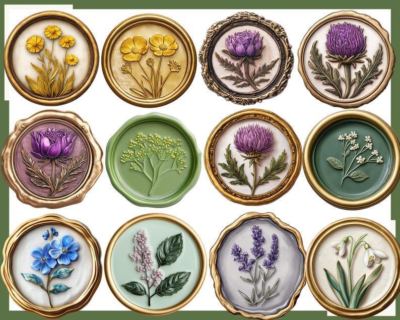 Puede incluir: Una colecci&oacute;n de doce sellos decorativos circulares con dise&ntilde;os bot&aacute;nicos. Los sellos muestran varias flores en tonos de amarillo, morado, azul y blanco, cada una dentro de marcos dorados u ornamentados. Los dise&ntilde;os incluyen ilustraciones florales detalladas.