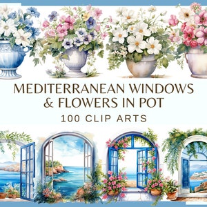 MEDITERRANE VENSTERS en BLOEMEN - 110 clipart (300 dpi, bloemen in tuinpot, png, bundel, digitaal, natuur, bloemen, uitzicht op zee)