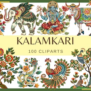 KALAMKARI - 100 clip arts (Shiva, Vishnu, Ganesha, mandala, 300 dpi, png, transparante achtergrond, commercieel gebruik, bundel digitale Indiase kunst)