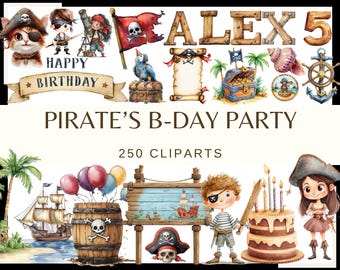 Pirate Birthday Party Clipart: Watercolor Alphabet, Numbers (PNG Digital Download)