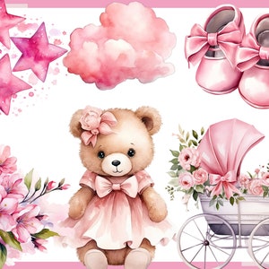 OURSON ROSE. Fête prénatale pour une fille, décoration de chambre d'enfant 100 cliparts aquarelles arrière-plan transparent, 300 dpi, clipart bébé, bébé png image 2