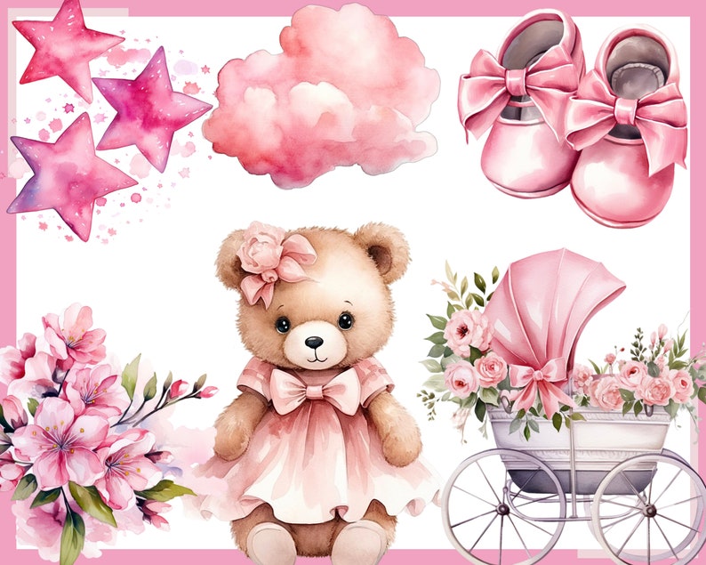 OURSON ROSE. Fête prénatale pour une fille, décoration de chambre d'enfant 100 cliparts aquarelles arrière-plan transparent, 300 dpi, clipart bébé, bébé png image 2