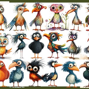 May include: A collection of 18 whimsical cartoon birds with colorful feathers, beaks, and eyes. The birds are drawn in a cartoon style and have a variety of expressions.
