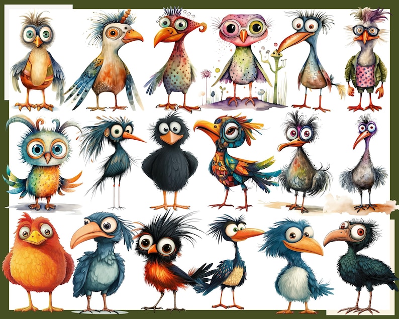 May include: A collection of 18 whimsical cartoon birds with colorful feathers, beaks, and eyes. The birds are drawn in a cartoon style and have a variety of expressions.