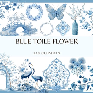 May include: A collection of blue and white floral clip art elements. Includes a butterfly, bridge, vase, wreaths, and floral arrangements. The text "BLUE TOILE FLOWER" and "110 CLIPARTS" are also present.