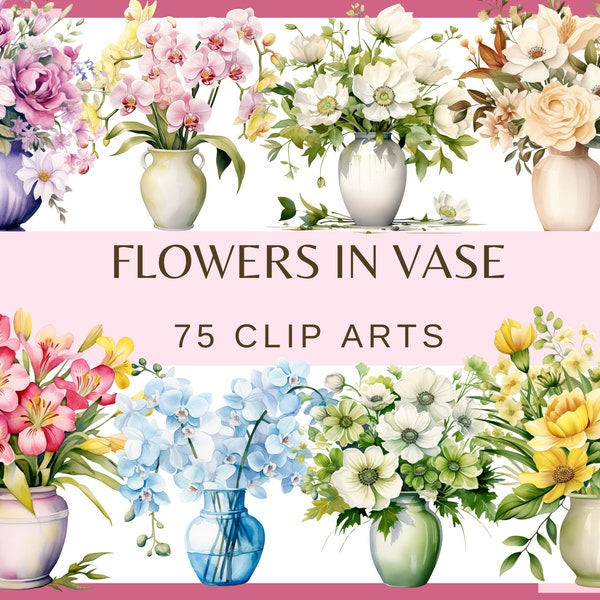 FLOWERS IN VASE - 75 clip arts (300 dpi, transparent background, white, yellow orchid, beige, black, green, blue flowers, floral bundle)