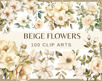 BEIGE FLOWERS - 100 clip arts (300 DPI, bundle, digital, floral, nature, wedding flower, png beige roses, pastel flower, clematis, peony)