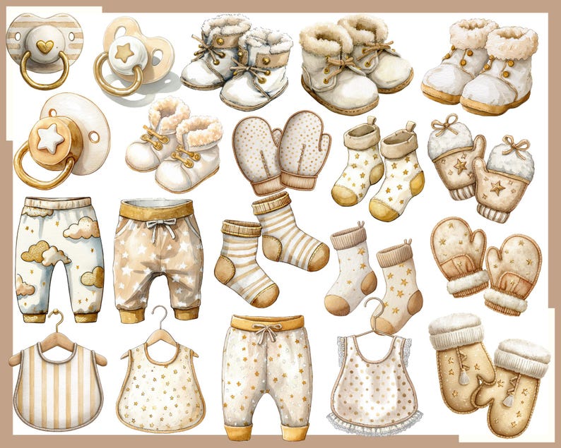 Op de afbeelding: Waterverfillustratie van babyartikelen in cr&egrave;me en goud. Inclusief fopspenen, babyschoentjes, wanten, sokken, slabbetjes en broeken met wolken- en sterrenpatronen. De items zijn op een witte achtergrond geplaatst.
