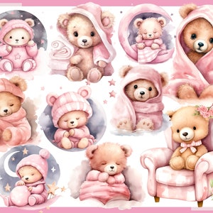 OURSON ROSE. Fête prénatale pour une fille, décoration de chambre d'enfant 100 cliparts aquarelles arrière-plan transparent, 300 dpi, clipart bébé, bébé png image 3