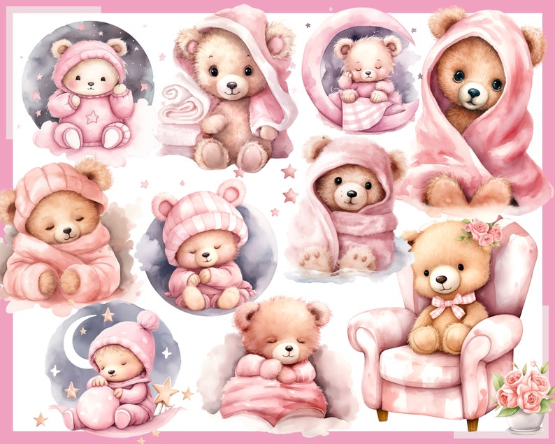 OURSON ROSE. Fête prénatale pour une fille, décoration de chambre d'enfant 100 cliparts aquarelles arrière-plan transparent, 300 dpi, clipart bébé, bébé png image 3