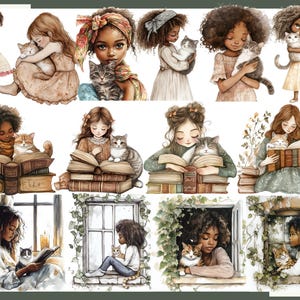 May include: Watercolor illustrations of young girls with cats. The images depict girls reading books, holding cats, and sitting by windows. The color palette includes soft browns, greens, and creams, creating a warm and inviting aesthetic. The illustrations are suitable for wall art or stationery.