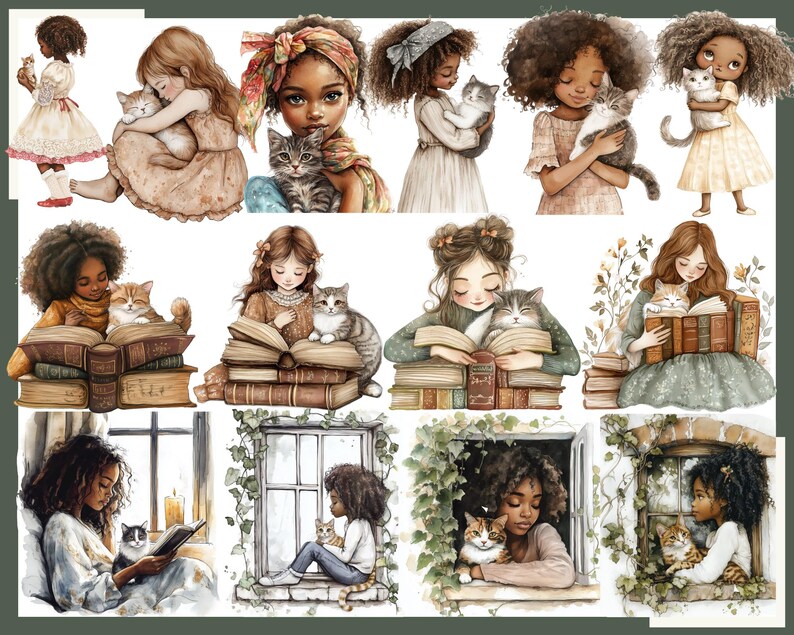 May include: Watercolor illustrations of young girls with cats. The images depict girls reading books, holding cats, and sitting by windows. The color palette includes soft browns, greens, and creams, creating a warm and inviting aesthetic. The illustrations are suitable for wall art or stationery.