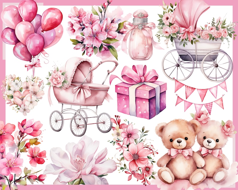 OURSON ROSE. Fête prénatale pour une fille, décoration de chambre d'enfant 100 cliparts aquarelles arrière-plan transparent, 300 dpi, clipart bébé, bébé png image 8