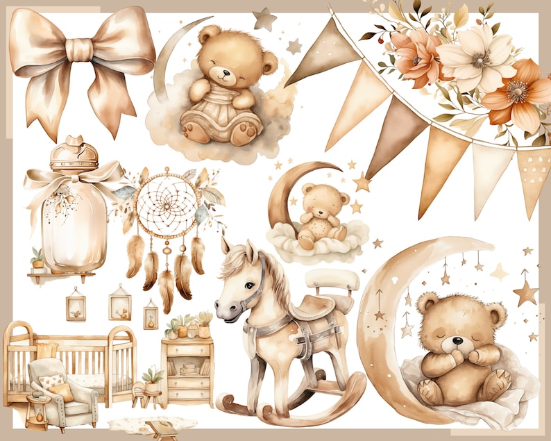 BEIGE TEDDY BEAR 100 clip arts, Baby shower for newborns, Nursery Decor, Baby boy, Baby girl, Beige Teddy Bear image 5