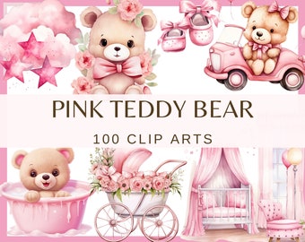 ROZE TEDDYBEER. Babyshower voor een meisje, Decor van de kinderkamer - 100 aquarel clip arts (transparante achtergrond, 300 dpi, baby clip art, baby png)