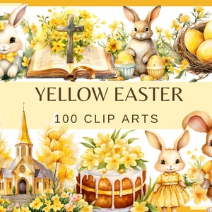 GELBE OSTERN - 100 Aquarell Clip-Arts (Transparenter Hintergrund, 300 dpi Frühling, Ostern Digital Papier, Frühlingsferien, png kommerzielle Nutzung)