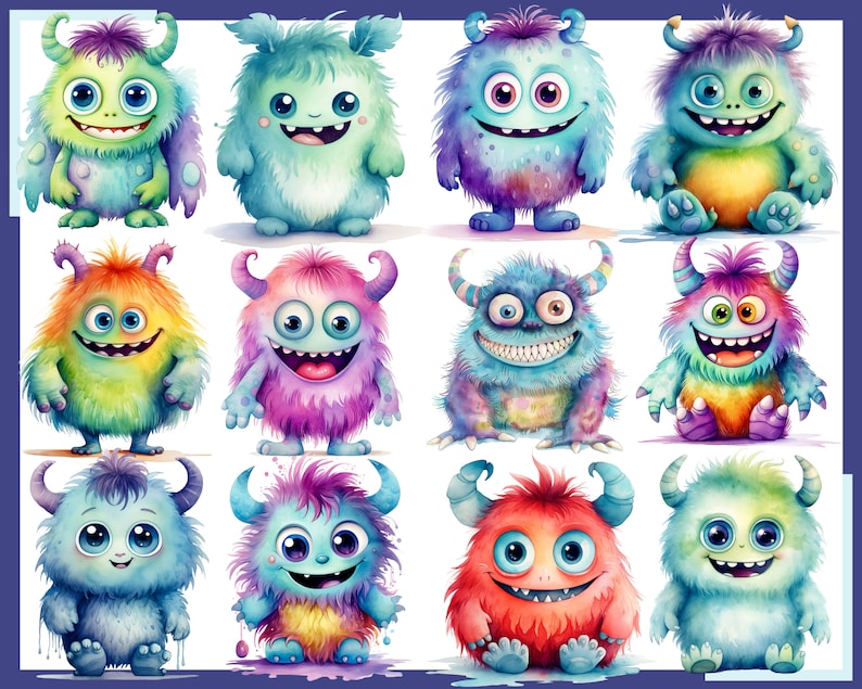 May include: A collection of 12 colorful, cartoon-style monsters with different expressions and features. Each monster has a unique color scheme and design, including green, blue, purple, orange, and red.