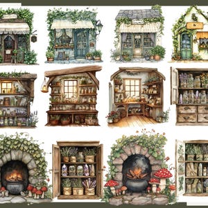 May include: Watercolor illustrations of whimsical shops and apothecary displays. The images feature buildings and interiors with shelves, jars, and botanical elements. The color palette includes greens, browns, and creams, with accents of red and gold. The overall theme is fantasy and nature.