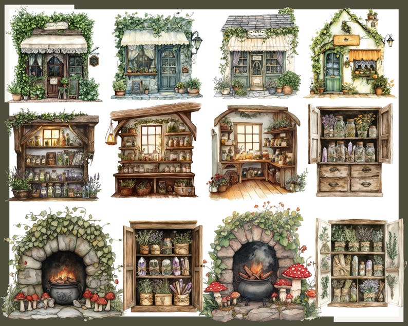 May include: Watercolor illustrations of whimsical shops and apothecary displays. The images feature buildings and interiors with shelves, jars, and botanical elements. The color palette includes greens, browns, and creams, with accents of red and gold. The overall theme is fantasy and nature.