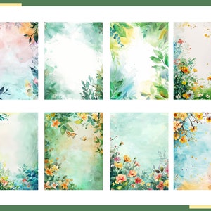 May include: A set of eight watercolor backgrounds featuring floral and foliage designs. The backgrounds are in shades of blue, green, and pink, with white space in the center for text or images.
