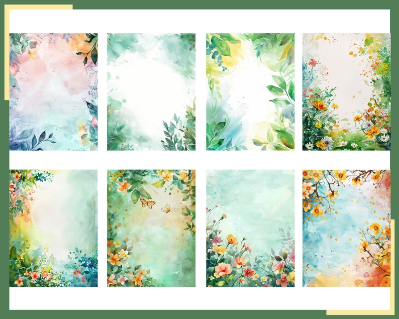 May include: A set of eight watercolor backgrounds featuring floral and foliage designs. The backgrounds are in shades of blue, green, and pink, with white space in the center for text or images.