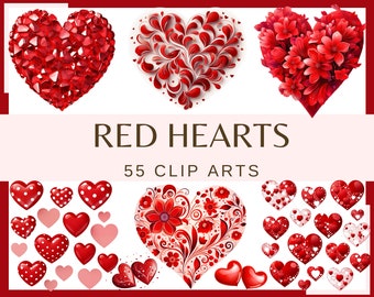 RED HEARTS - 55 clip arts (300 dpi, Transparent background, commercial use, bundle, digital, love, valentine's day, png)
