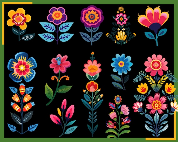 MEXICAN FLOWERS - 110 Clip Arts (300 Dpi, Mexico, Otomi