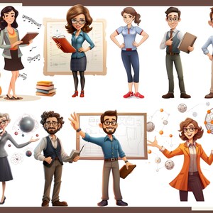 May include: Illustration of eight diverse cartoon teachers, each with a unique personality and style. They are holding various objects related to their subjects, such as a guitar, a book, a whiteboard, and a model of an atom.