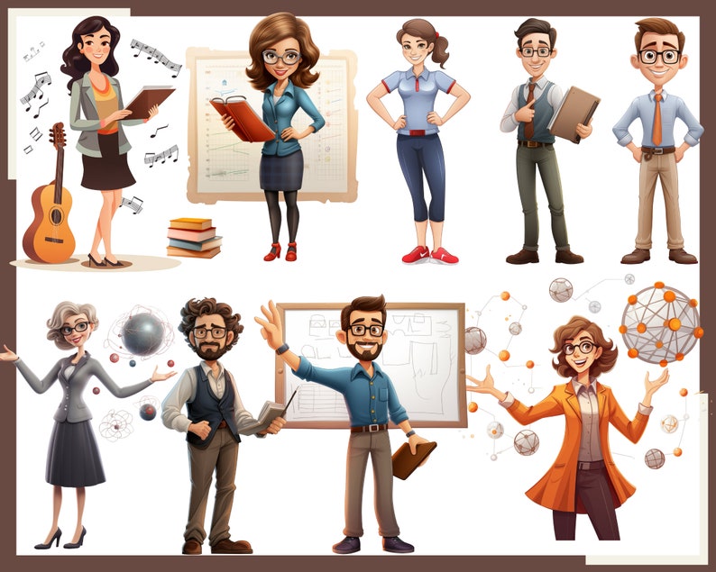 May include: Illustration of eight diverse cartoon teachers, each with a unique personality and style. They are holding various objects related to their subjects, such as a guitar, a book, a whiteboard, and a model of an atom.