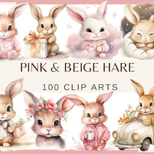 PINK & BEIGE HARE - 100 imágenes prediseñadas de acuarela (fondo transparente, 300 ppp, png Baby shower para un niño niña, Nursery Decor Kawaii Hare)