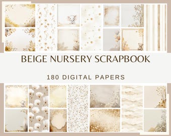 Puede incluir: Conjunto de 180 papeles digitales para scrapbooking en tonos beige y marrón. Los papeles presentan una variedad de patrones que incluyen puntos, flores e ilustraciones de animales. El texto "Beige Nursery Scrapbook 180 Digital Papers" se muestra en la imagen.
