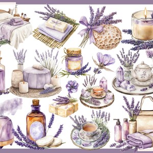 May include: Watercolor illustration of lavender-themed spa and relaxation items. The image includes a bed, candles, essential oil bottles, soap, a diffuser, and a teacup, all in shades of purple and white. Lavender sprigs are scattered throughout.