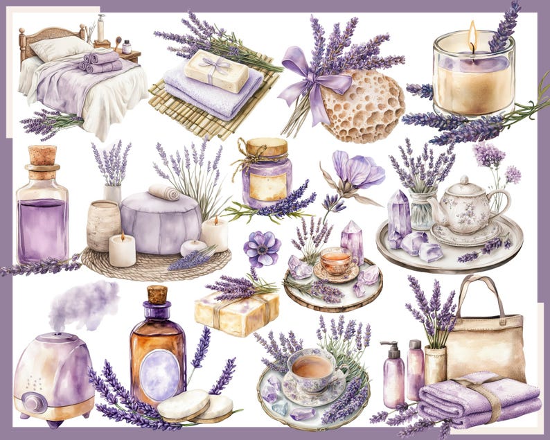 May include: Watercolor illustration of lavender-themed spa and relaxation items. The image includes a bed, candles, essential oil bottles, soap, a diffuser, and a teacup, all in shades of purple and white. Lavender sprigs are scattered throughout.