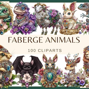 FABERGE ANIMALS - 100 clip arts (300 dpi, Horse, Cow, Sheep, Wolf, Fox, Giraffe, Zebra, Elephant, Puma, Antilope, png royal gem animals)
