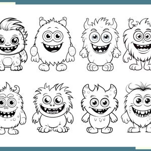 May include: Black and white line art illustration of eight cartoon monsters with different expressions and features. The monsters are all standing on their feet and have large eyes, mouths, and teeth.