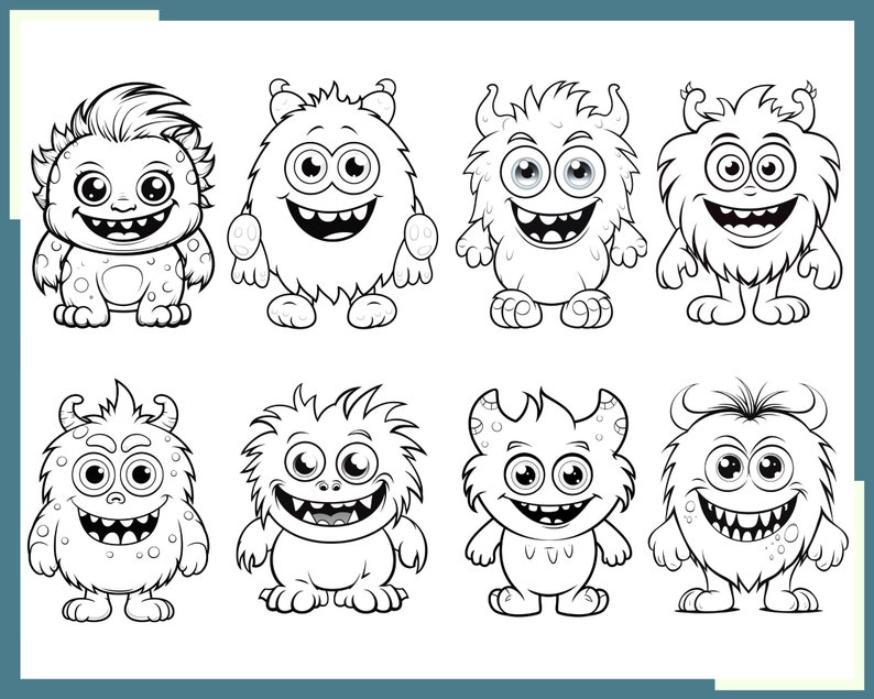 May include: Black and white line art illustration of eight cartoon monsters with different expressions and features. The monsters are all standing on their feet and have large eyes, mouths, and teeth.
