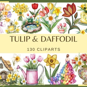TULPEN EN DAFFODIL - 130 clipart (300 dpi, bloemen, natuur, tuin, tulp in vaas, taartboeket, lentebloem sprookjeshuis narcis)